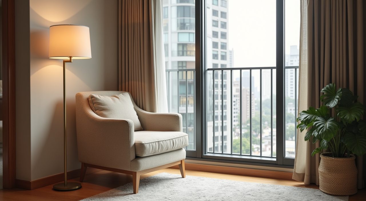 Reading nook corner with accent chair and floor lamp in a contemporary condo living room