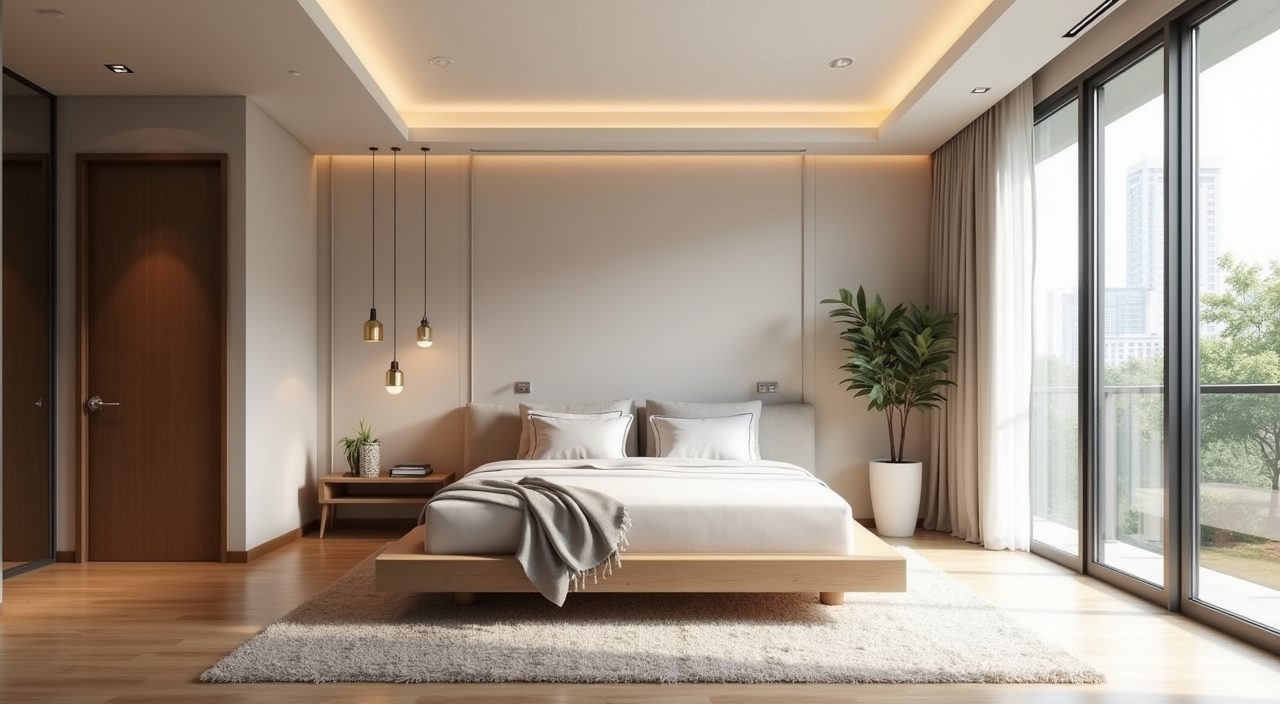 Contemporary Singapore condo master bedroom with a centred platform bed and clear walking space on both sides