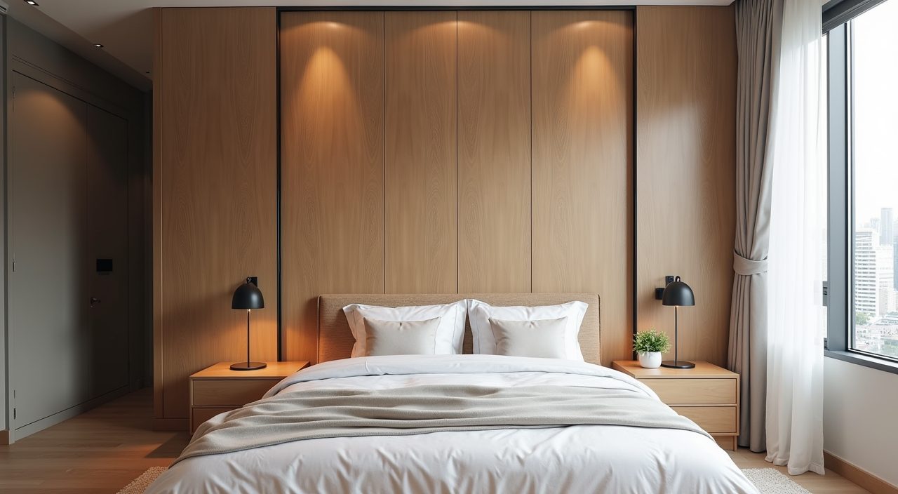 Contemporary Singapore condo master bedroom with a floor to ceiling built in sliding wardrobe