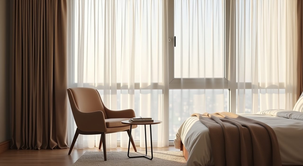 Quiet reading corner nook with slim armchair by the window in a contemporary Singapore condo master bedroom