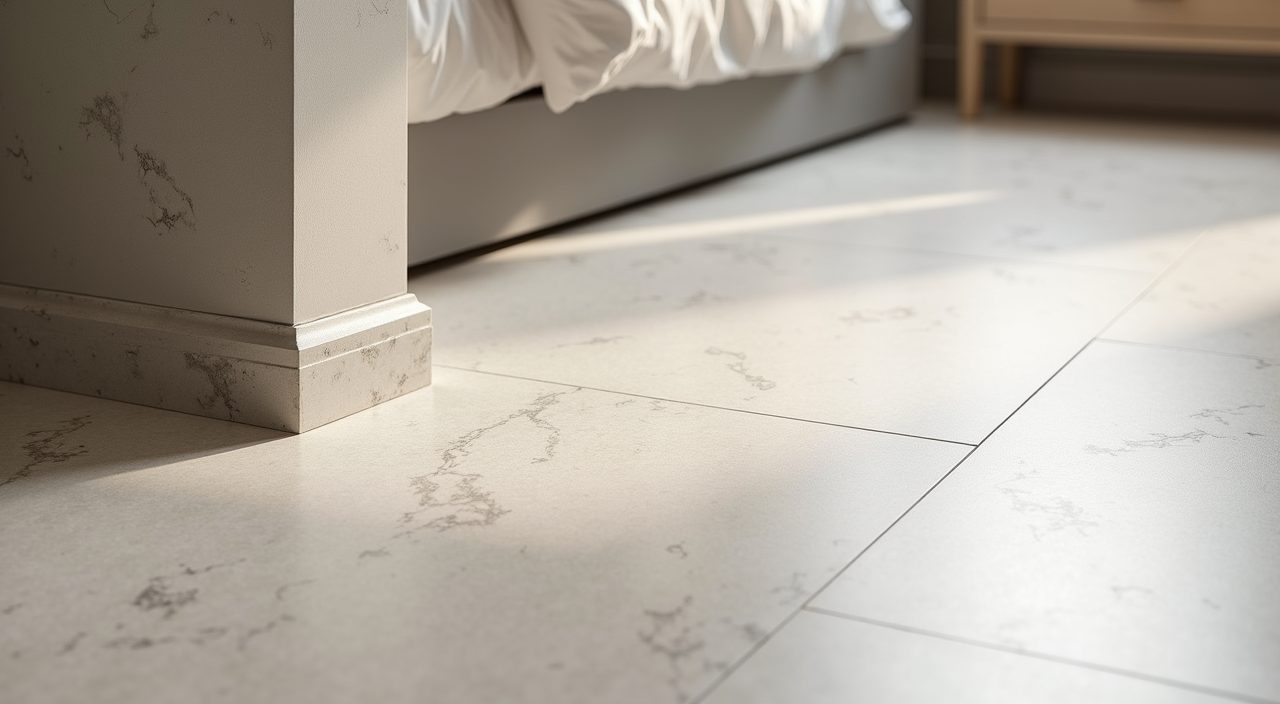 Large format matt porcelain floor tile detail in a contemporary Singapore condo master bedroom