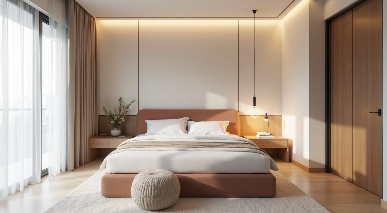 Contemporary Singapore condo master bedroom in a light warm low contrast palette with a soft clay accent headboard wall