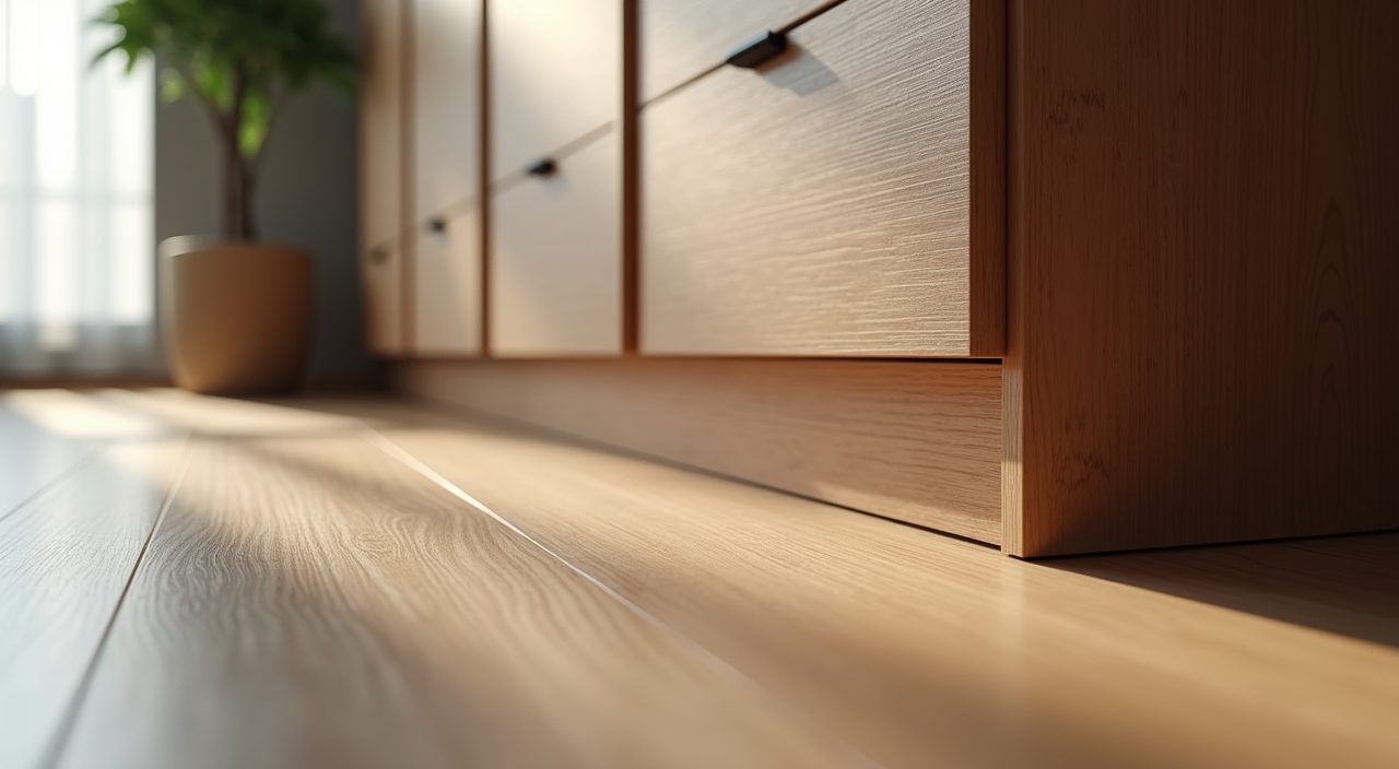 Close up of matt engineered timber flooring and textured laminate wardrobe finish in a Singapore condo master bedroom