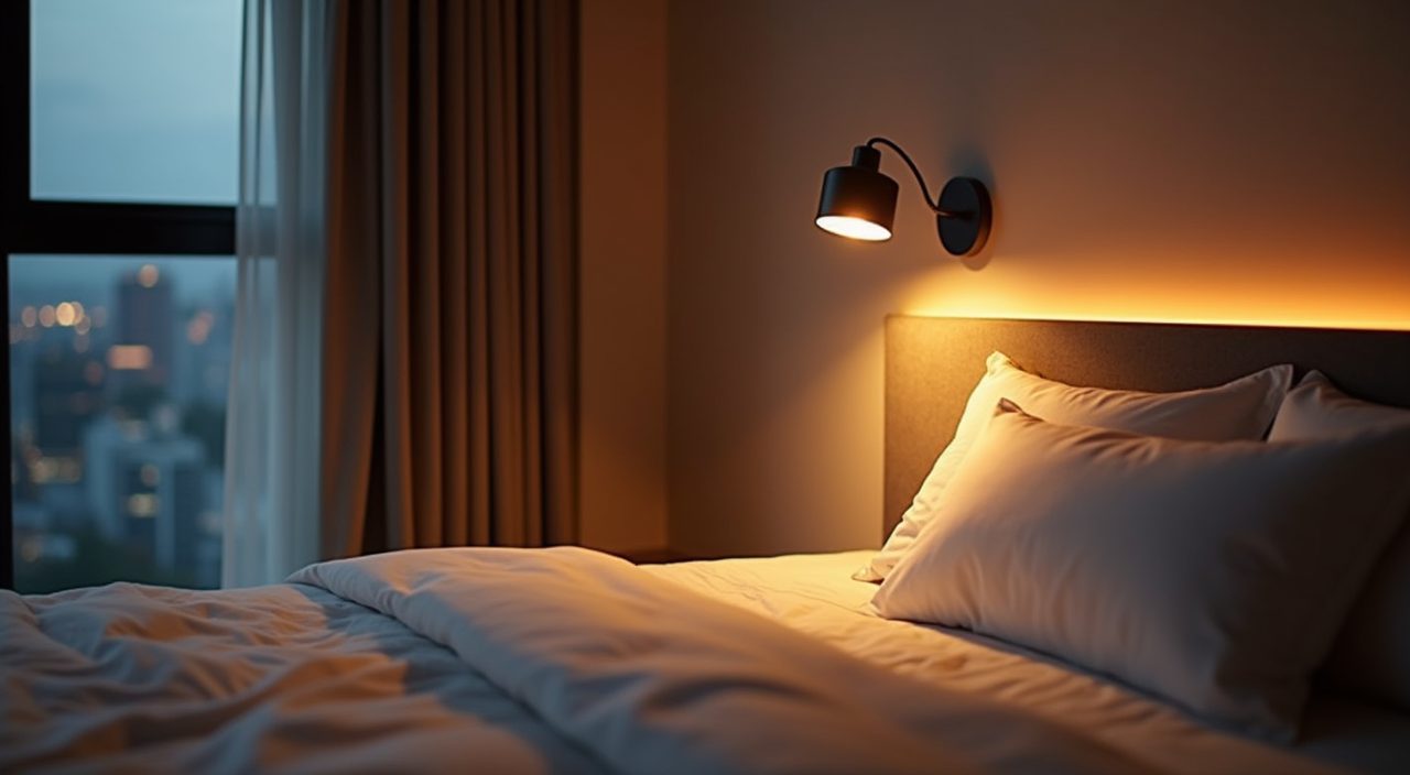 Warm layered bedside and cove lighting detail in a contemporary Singapore condo master bedroom