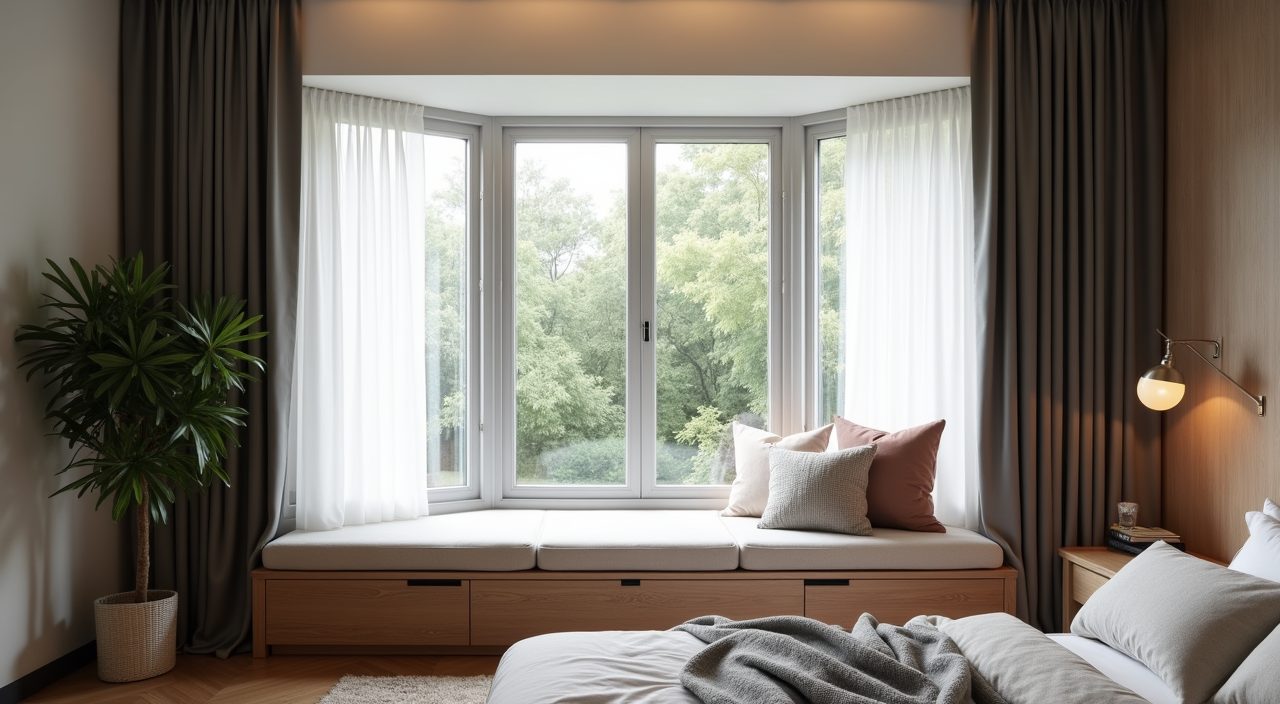 Bay window bench seat with storage and layered curtains in a contemporary Singapore condo master bedroom
