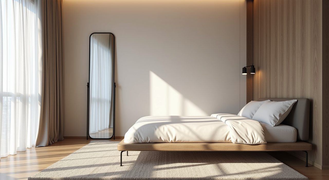 Slim framed mirror and low profile furniture stretching a tight contemporary Singapore condo master bedroom