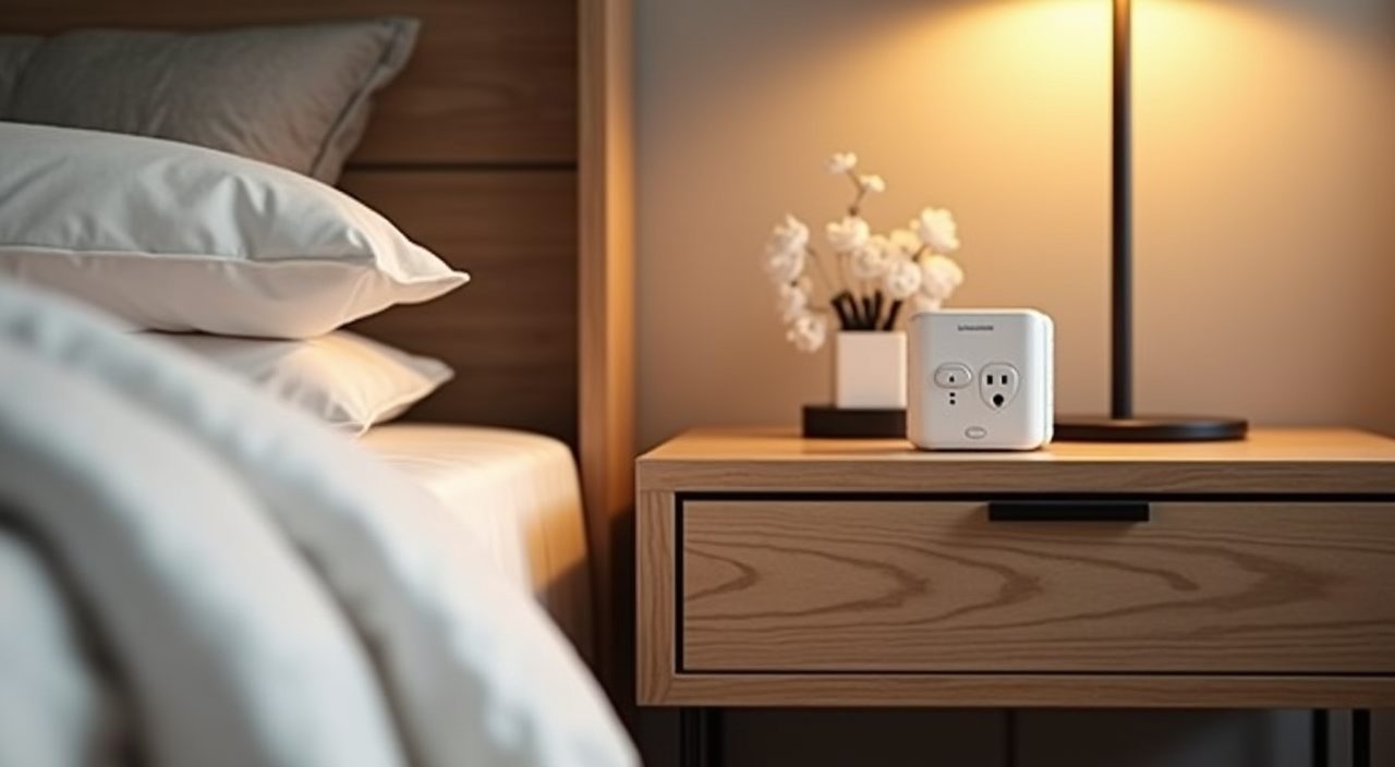 Bedside power sockets and USB point at nightstand height in a contemporary Singapore condo master bedroom