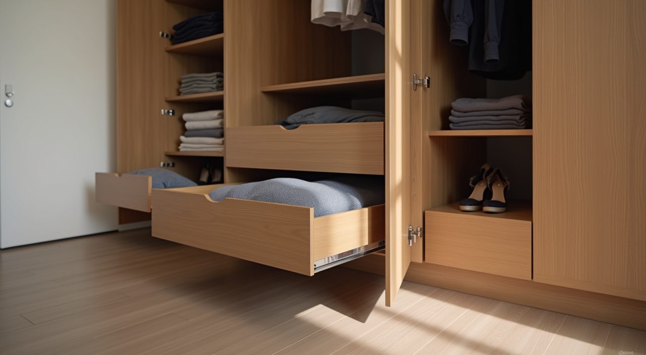 Organised wardrobe internals with pull out drawers and hanging zone in a Singapore condo master bedroom