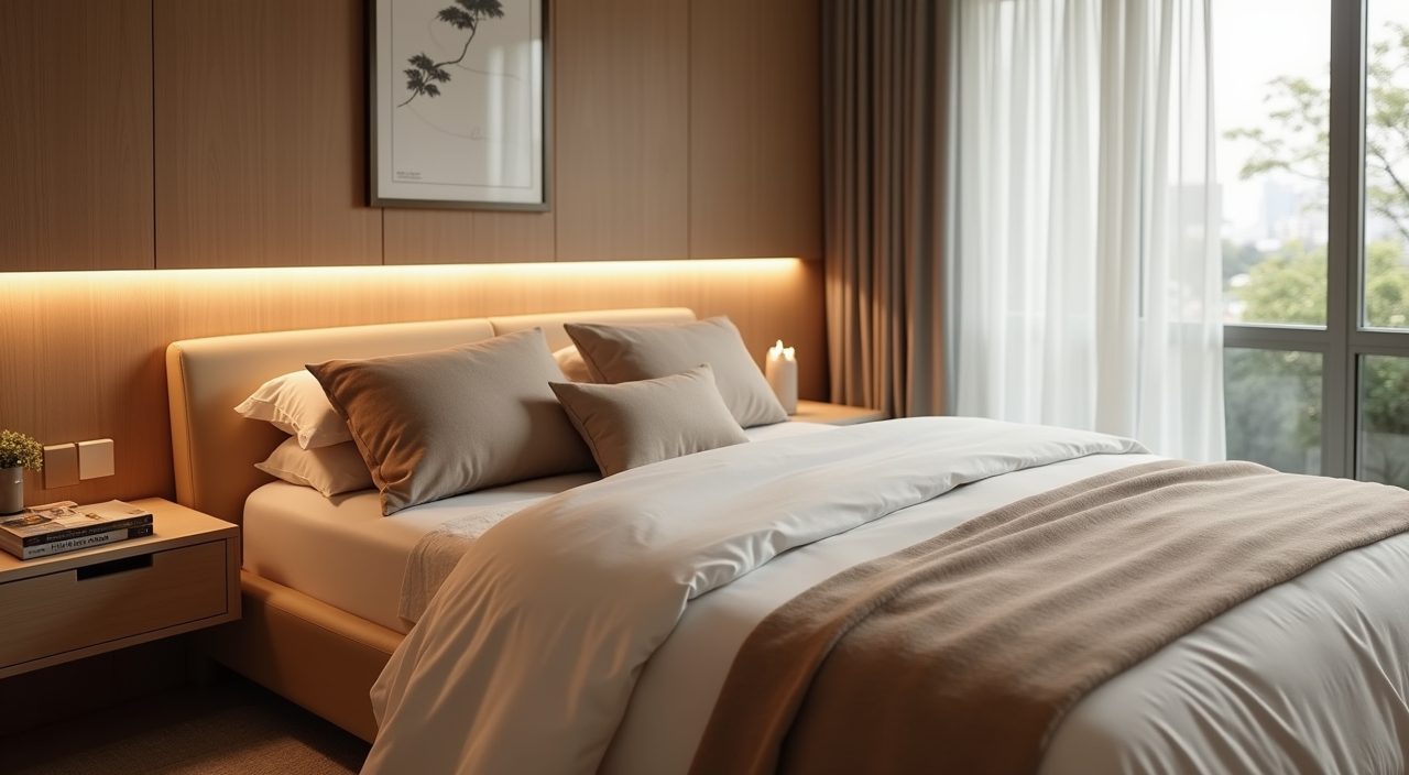 Warm neutral bedding and softly backlit headboard detail in a contemporary Singapore condo master bedroom