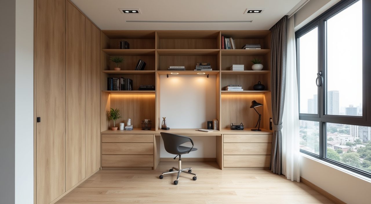 Contemporary condo study room with full-height built-in desk and storage wall