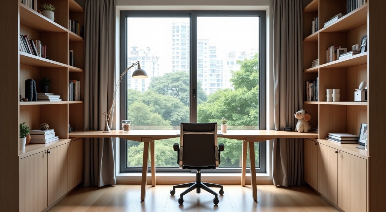 Contemporary condo study nook built into a bay window with slim desktop