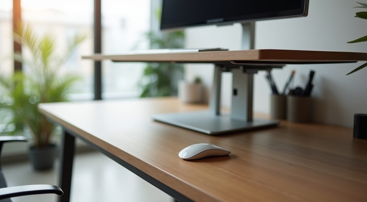 Sit-stand desk frame detail at standing height in a contemporary condo study