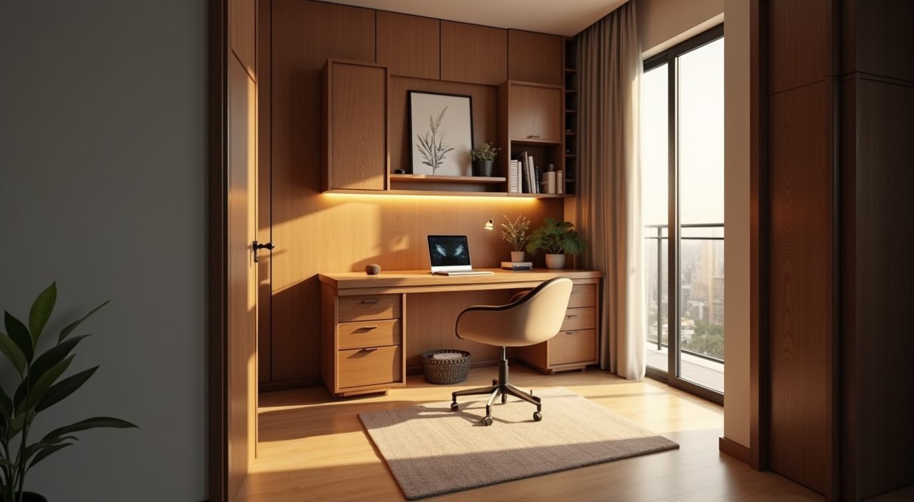 Wide mood shot of a contemporary Singapore condo study at golden hour
