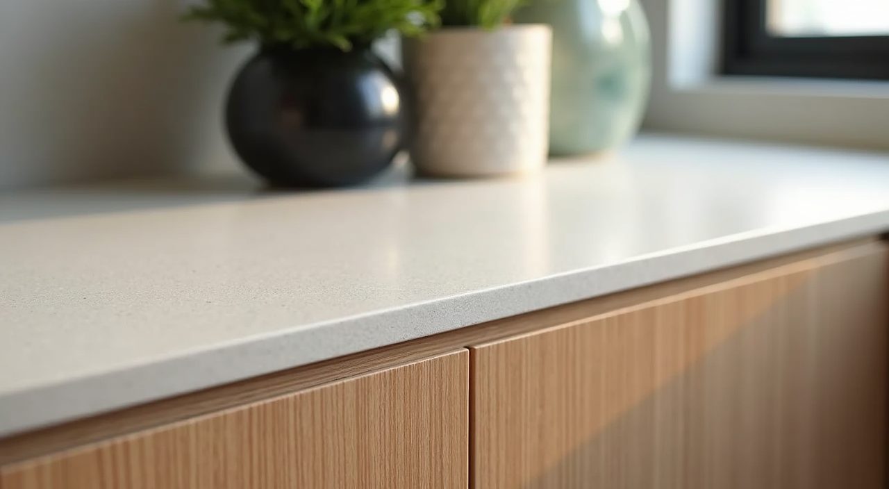 Close-up of humidity-smart laminate desktop and wood cabinet finish in a condo study