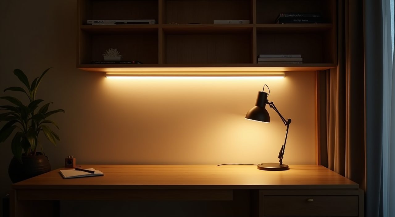 Layered under-shelf LED task lighting over a desk in a contemporary condo study