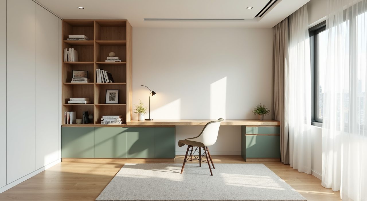 Small contemporary condo study with off-white palette and muted green accent