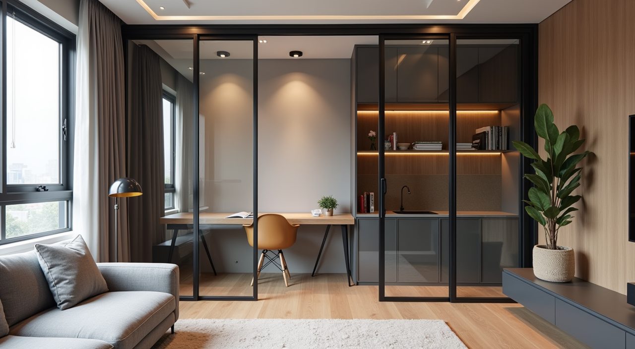 Contemporary condo study behind a slim black framed glass partition