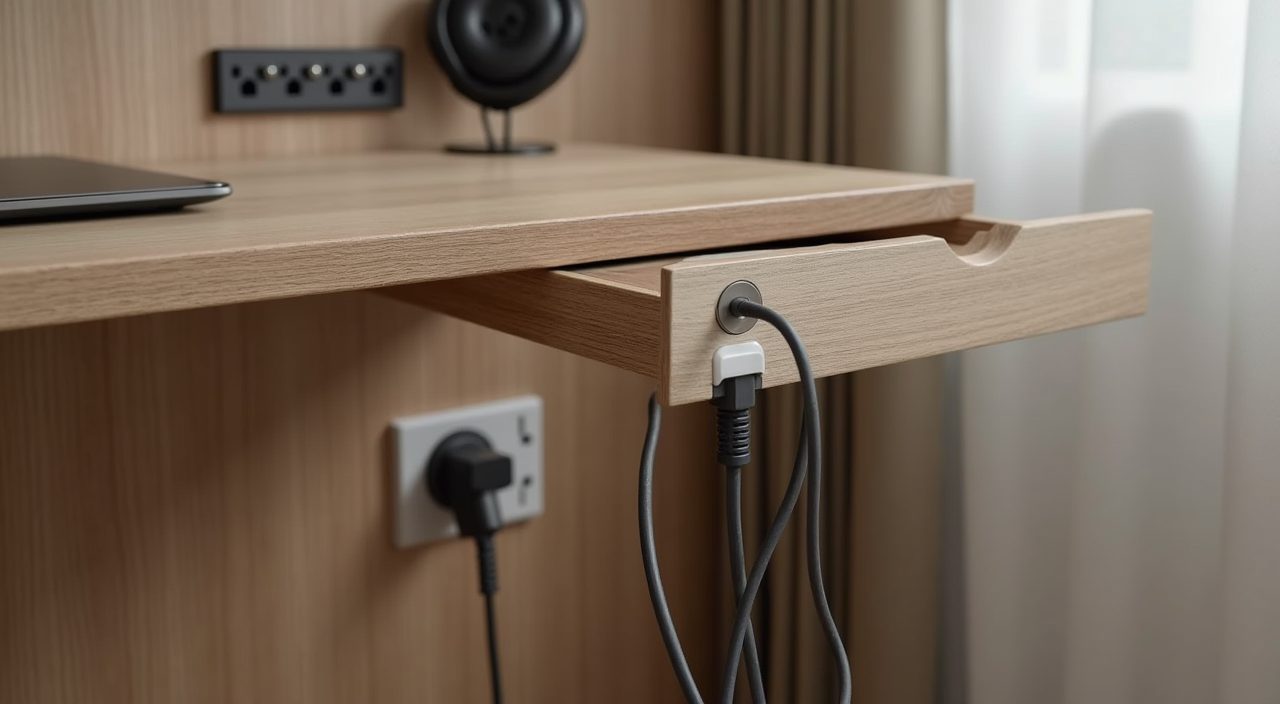 Close-up of desktop cable grommet and desk-height power sockets in a condo study