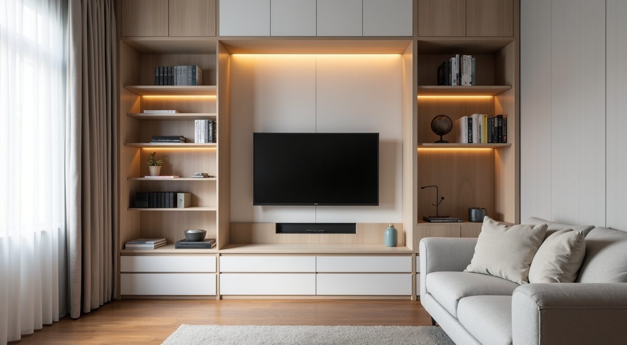 Dual-purpose contemporary condo study combining desk wall and folded guest bed