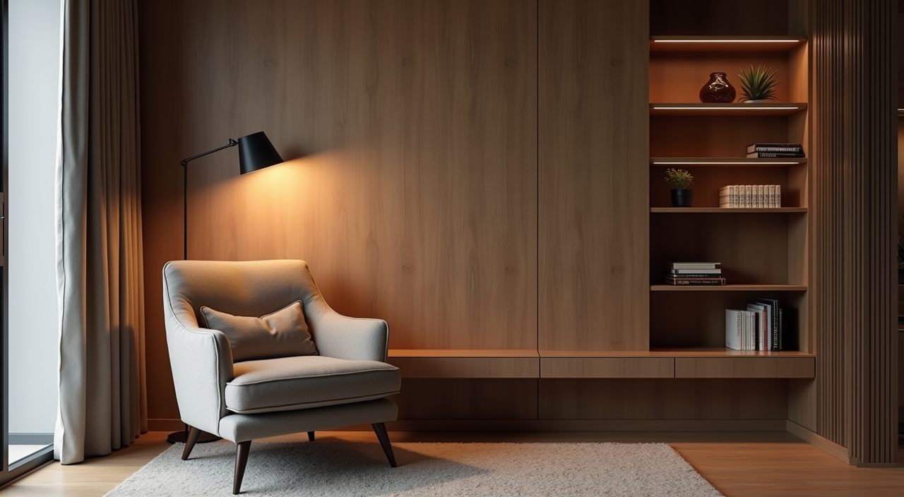 Cosy reading corner nook in a contemporary condo study with armchair and floor lamp