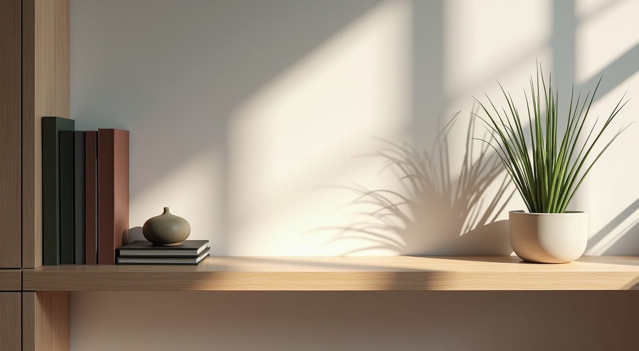 Styled open timber display shelf detail in a contemporary condo study