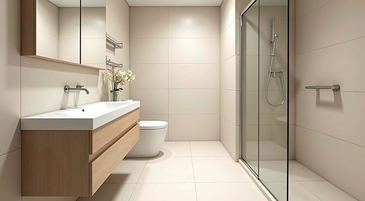 Contemporary HDB flat bathroom with a light warm beige tile palette running floor to wall