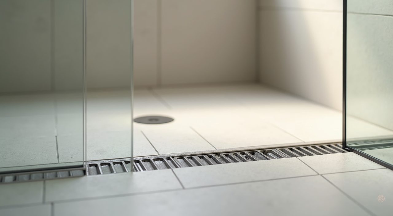 Linear tile-insert floor drain in slip-rated porcelain tiles in an HDB bathroom shower