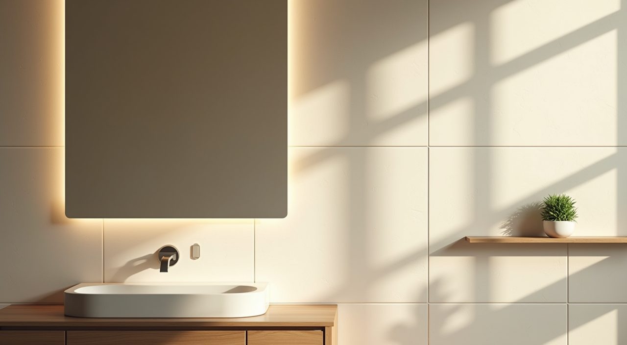 Anti-fog vanity mirror reflecting daylight with minimal styling in a contemporary HDB bathroom