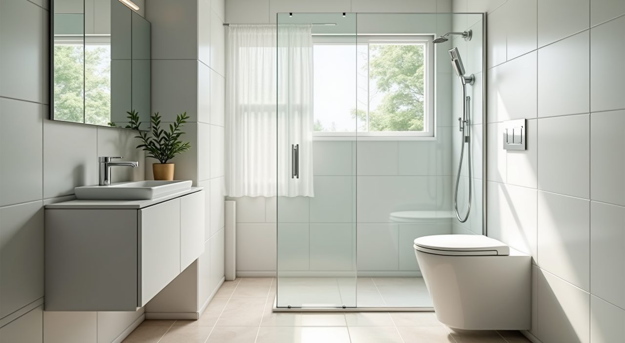 HDB bathroom with a clear glass shower screen dividing the wet shower zone from the dry area