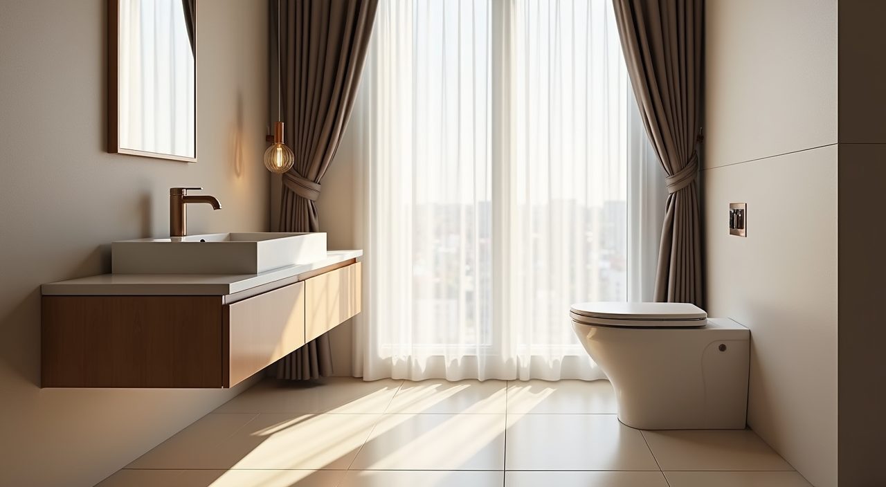 Contemporary HDB bathroom with a floating vanity and wall-hung toilet exposing open floor space