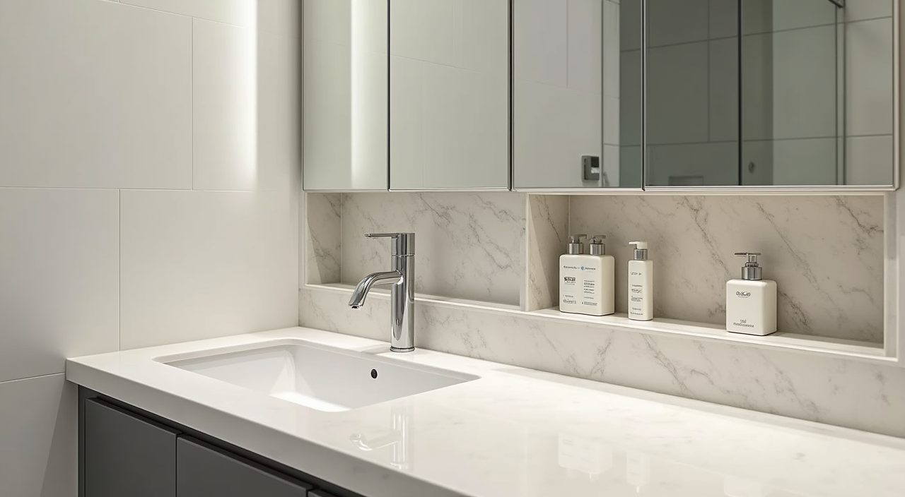 Mirror cabinet and recessed shower niche storage detail in a contemporary HDB bathroom
