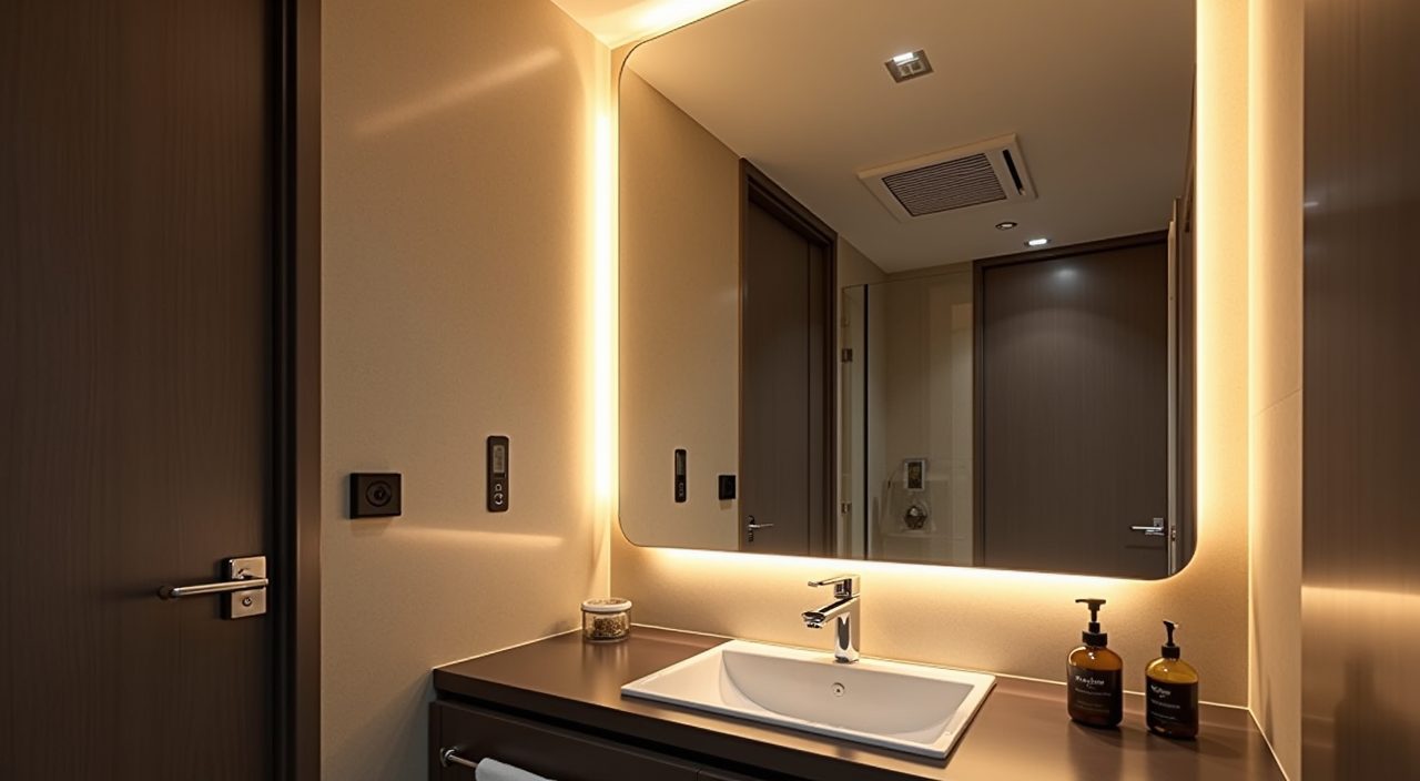 Backlit vanity mirror with layered LED task lighting and ceiling exhaust in an HDB bathroom
