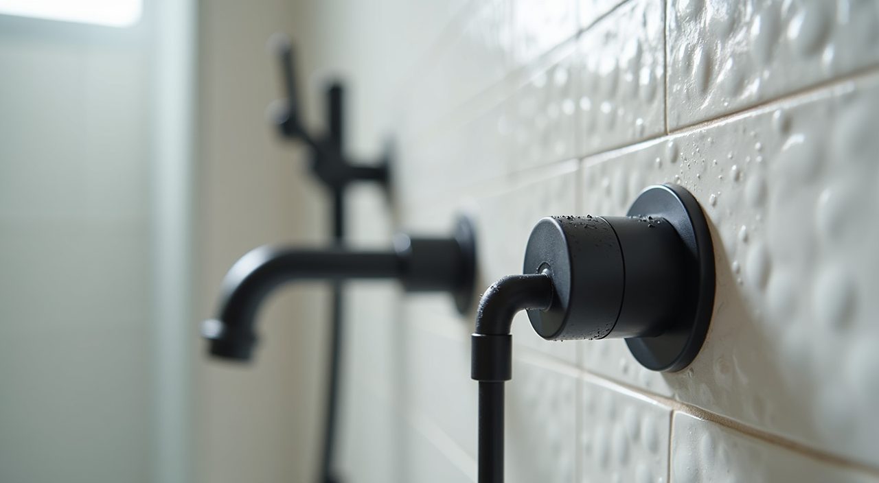 Close-up of matte black tap and chrome shower mixer fittings on a light tiled HDB bathroom wall