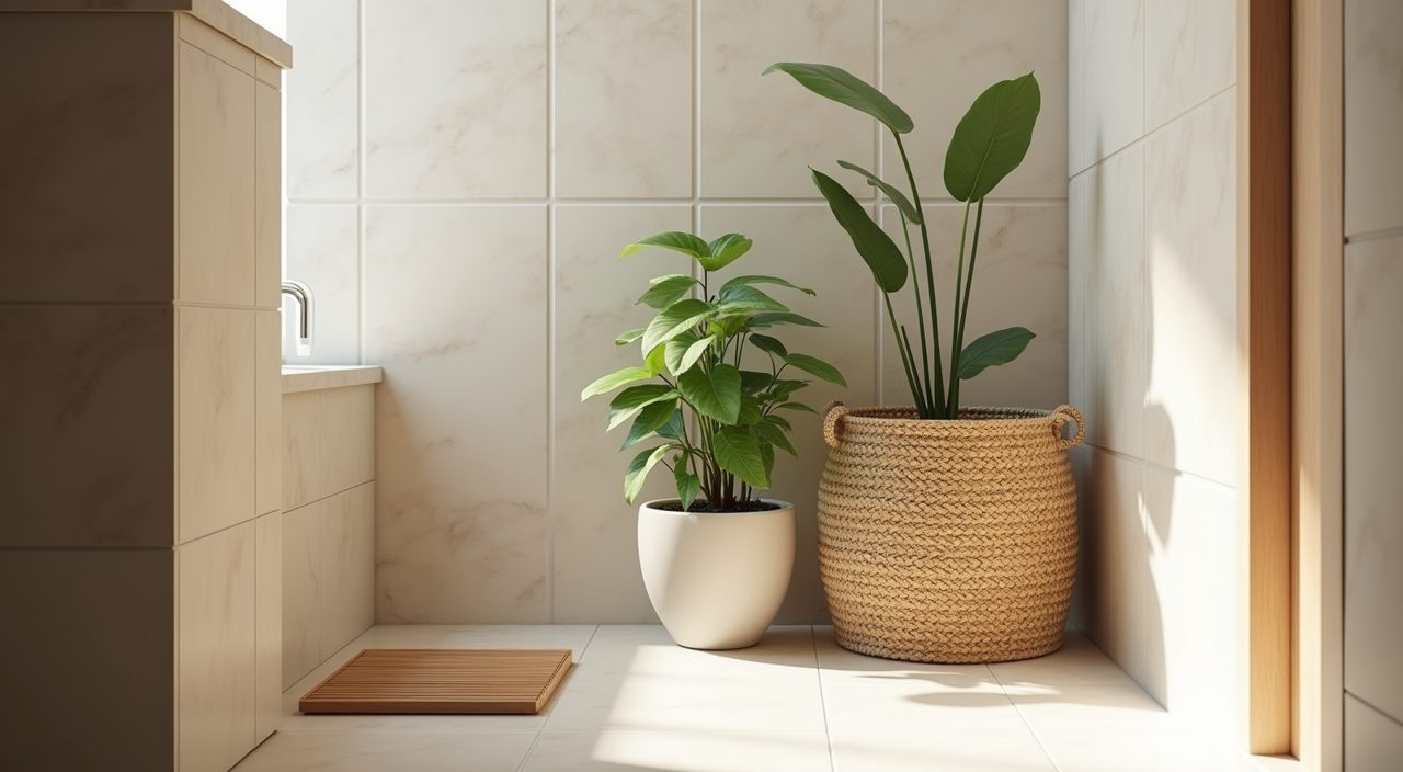 Bathroom corner nook with a potted pothos, teak duckboard and woven basket in an HDB flat