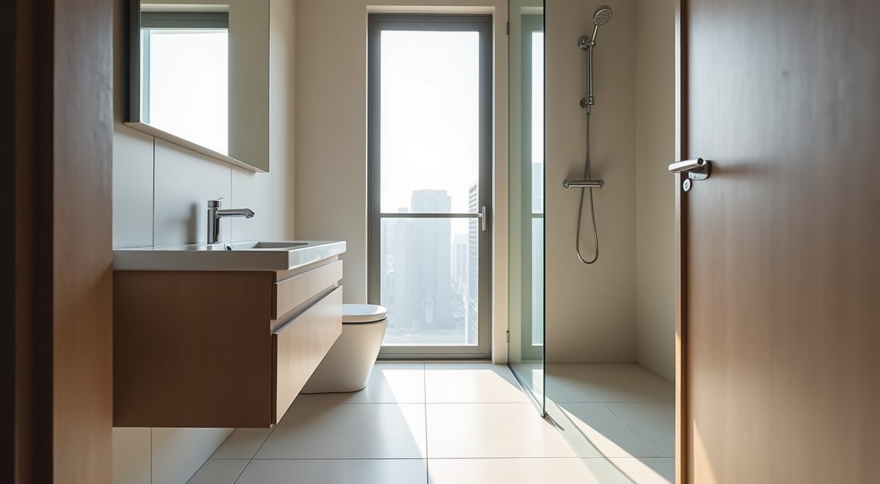 Wide view of a compact contemporary HDB flat bathroom seen from the doorway