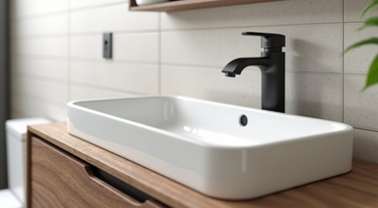 Close-up of a slim countertop basin on a wood-look floating vanity in an HDB bathroom