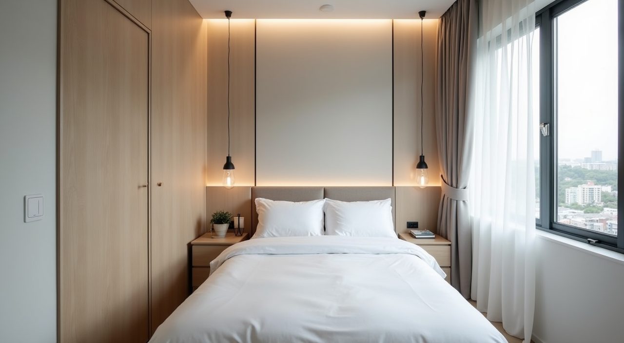 Contemporary Singapore HDB bedroom wide view showing bed wall placement and walking clearance
