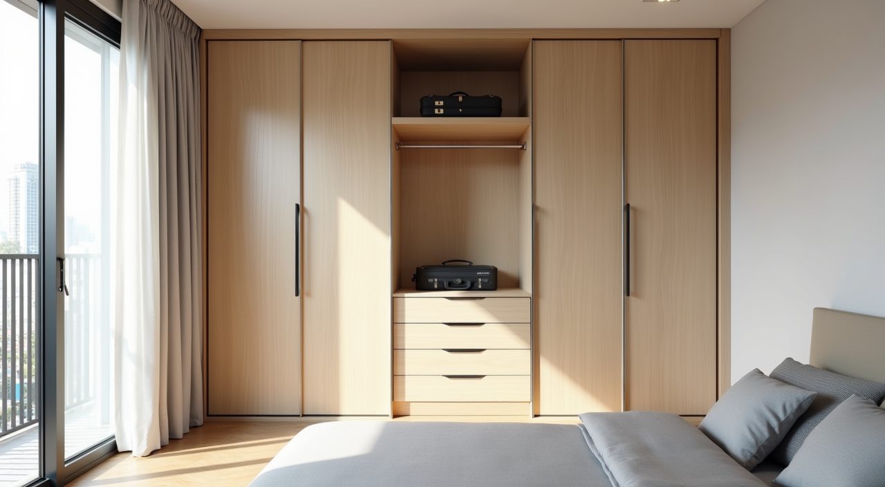 Floor to ceiling sliding door wardrobe in a contemporary Singapore HDB bedroom