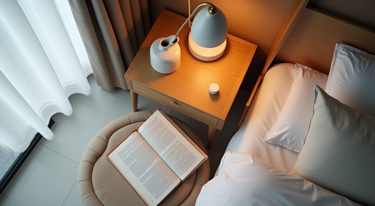 Overhead bedside styling detail with timber nightstand in a contemporary Singapore HDB bedroom