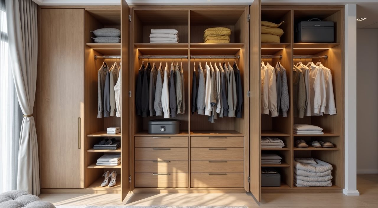 Organised wardrobe interior detail in a contemporary Singapore HDB bedroom