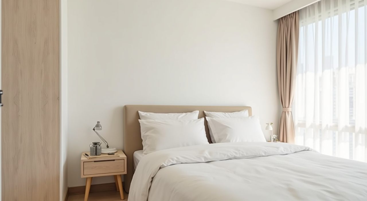 Light warm palette detail in a contemporary Singapore HDB bedroom with greige headboard and pale oak