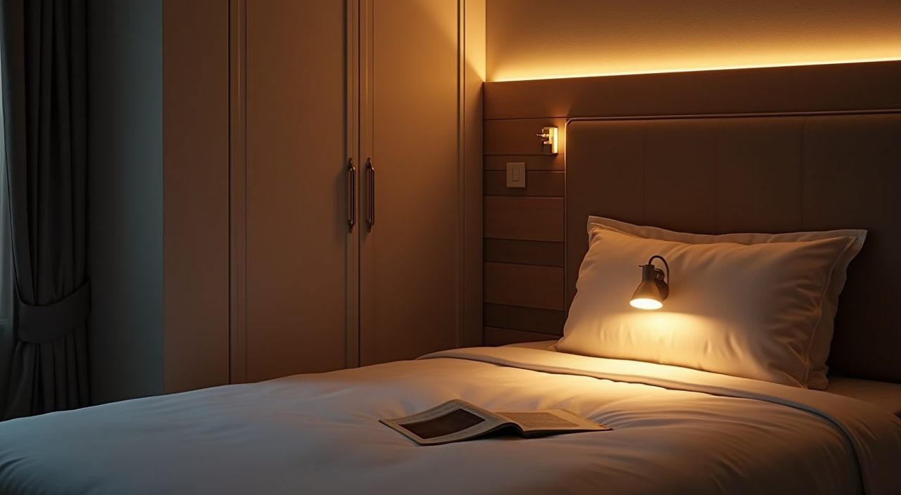 Layered warm bedside and cove lighting detail in a contemporary Singapore HDB bedroom