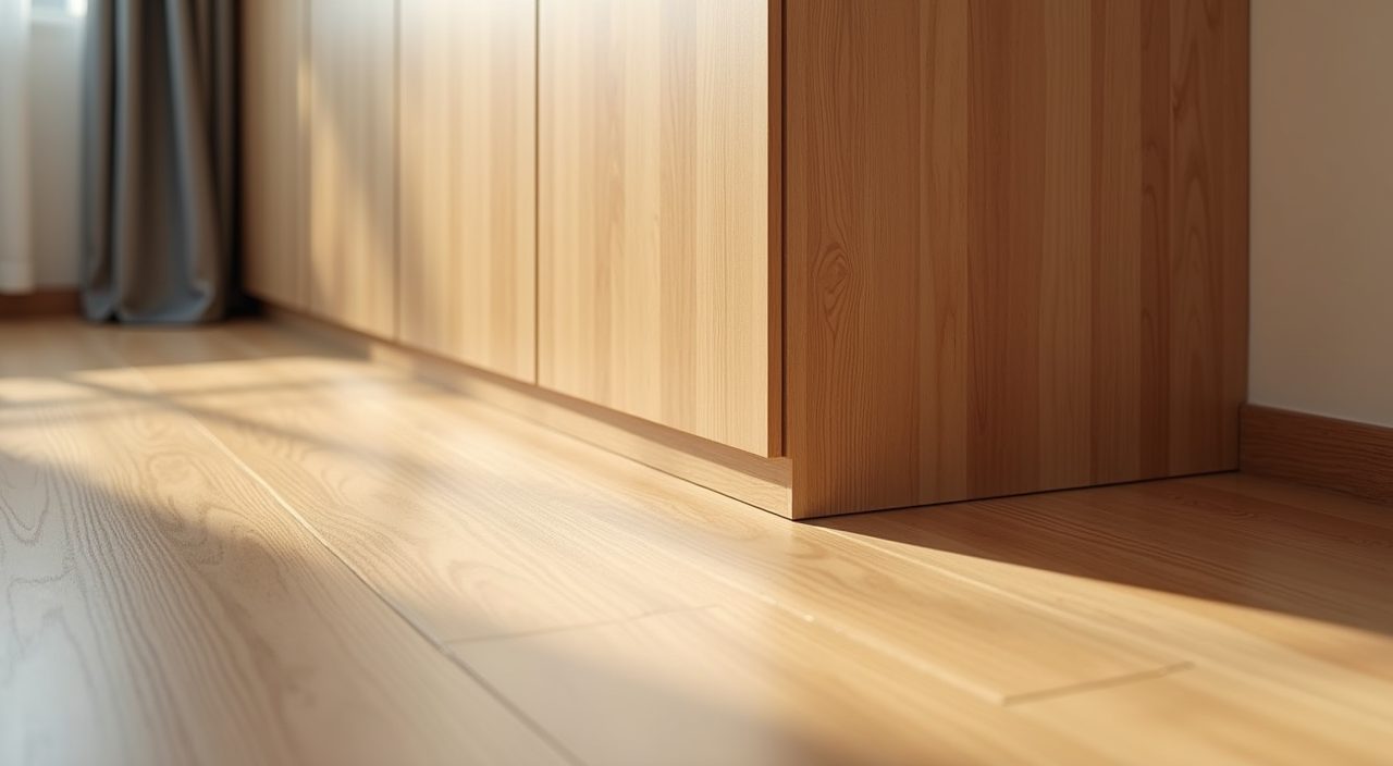 Humidity resistant laminate and vinyl flooring finish detail in a Singapore HDB bedroom