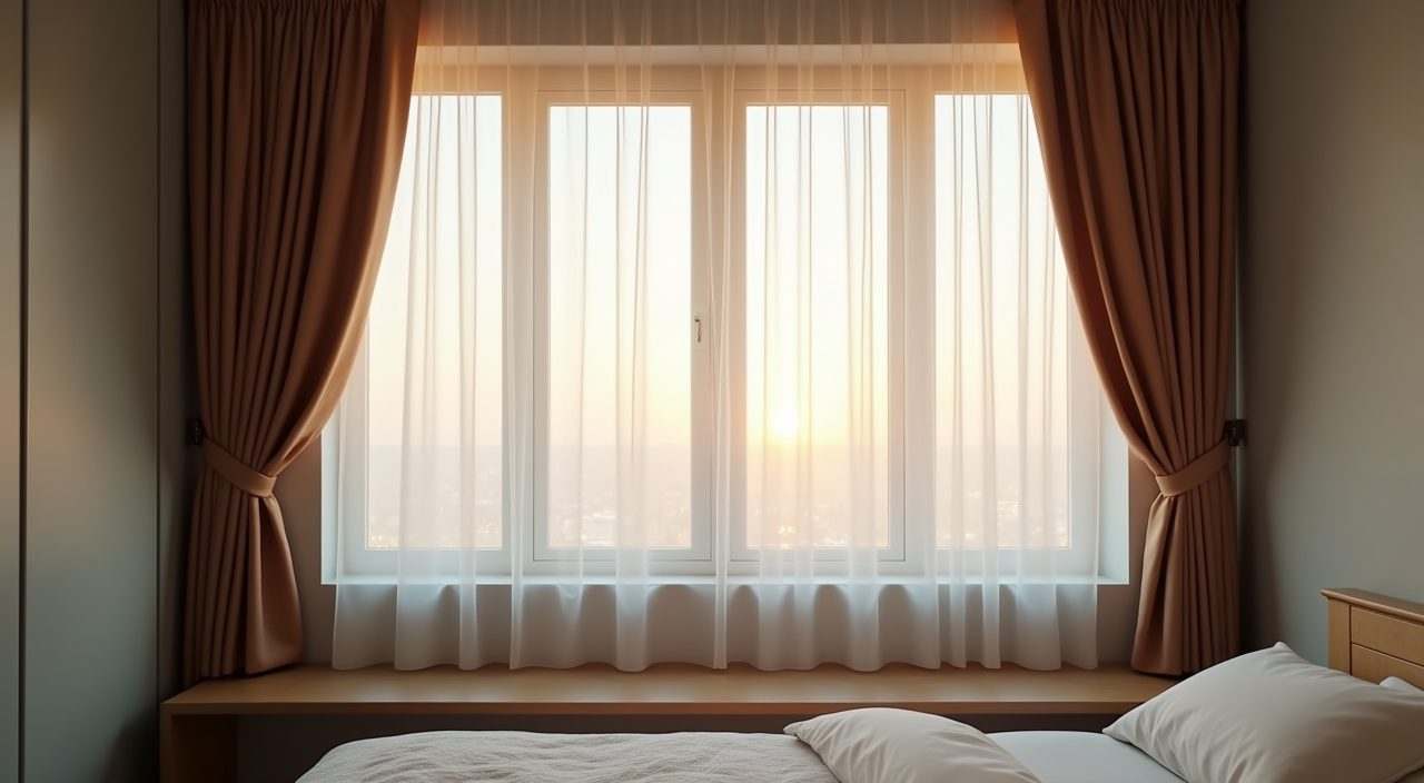 Day and night layered curtains at a west facing window in a contemporary Singapore HDB bedroom