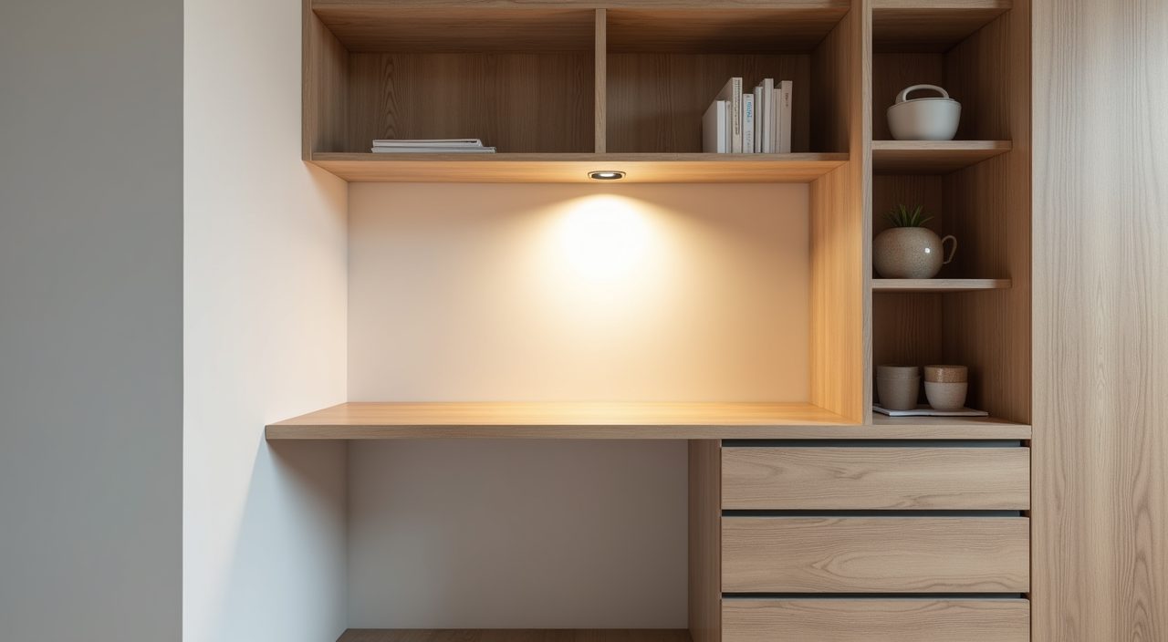 Floating study desk corner beside the wardrobe in a contemporary Singapore HDB bedroom