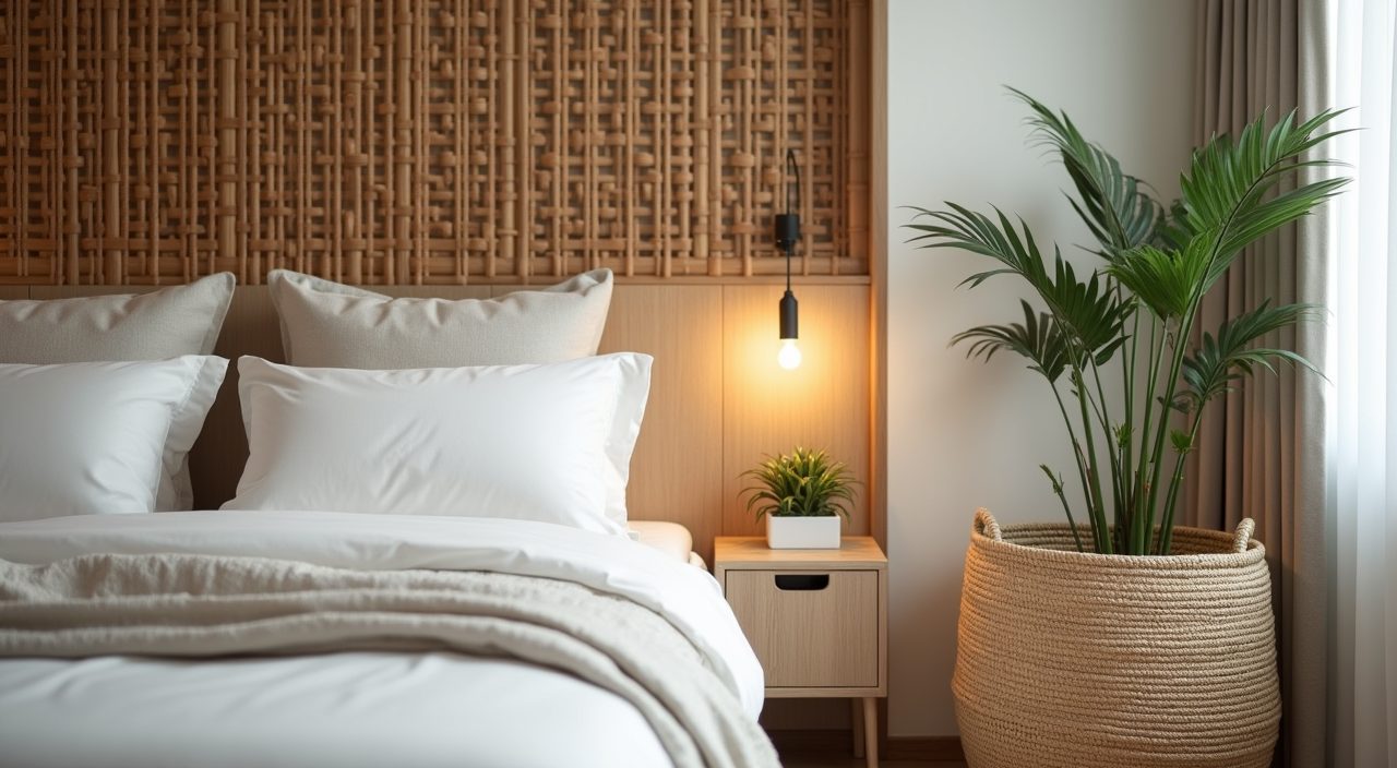 Rattan, linen and greenery texture details in a contemporary Singapore HDB bedroom