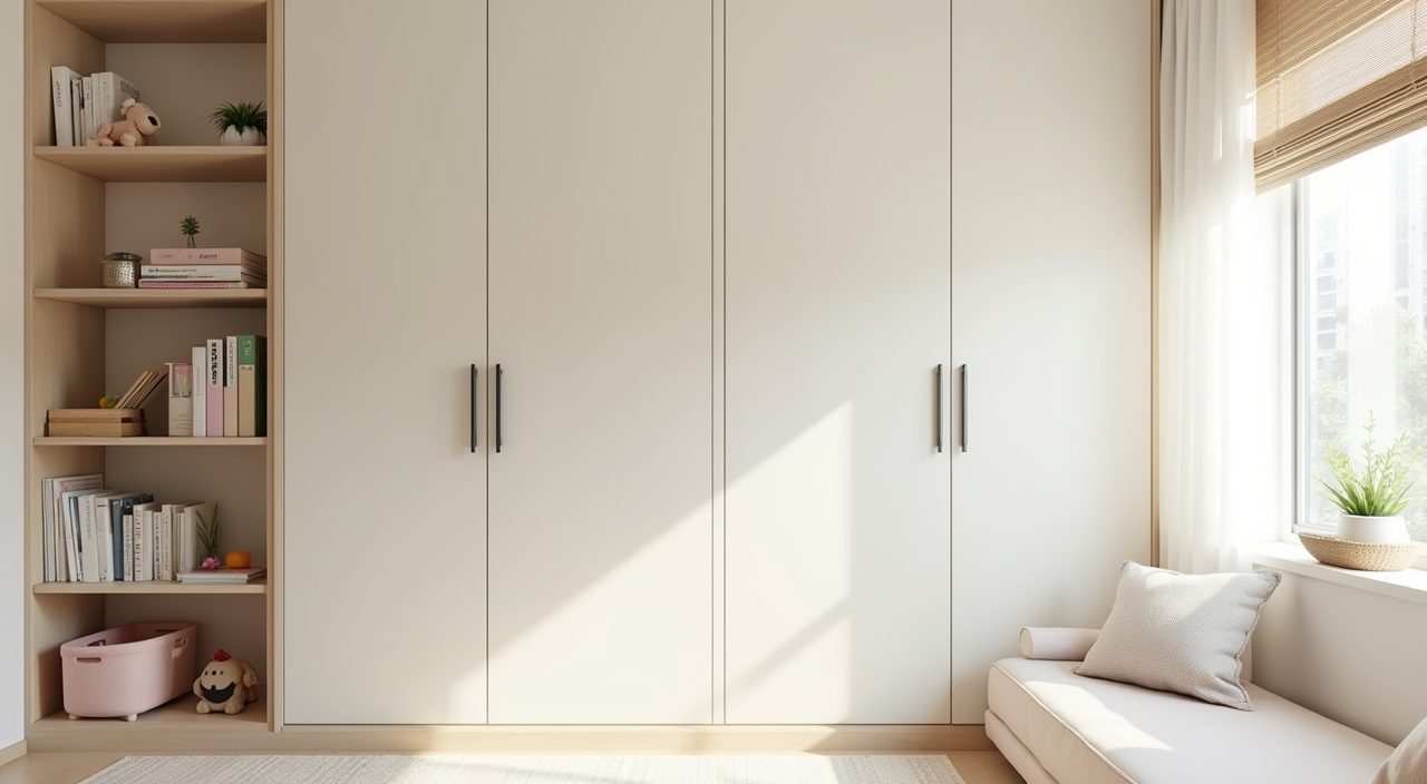 Contemporary HDB kids room with full height wardrobe and low open shelving for books and toys