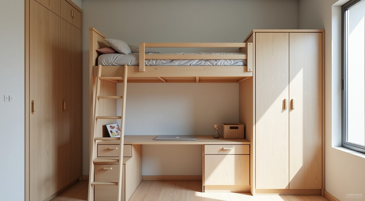 Contemporary HDB kids room loft bed with study desk and reading nook underneath