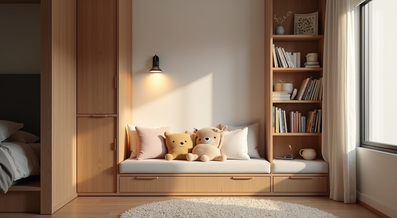 Cosy corner reading nook with low cushioned seat bookshelf and warm wall light in an HDB kids room