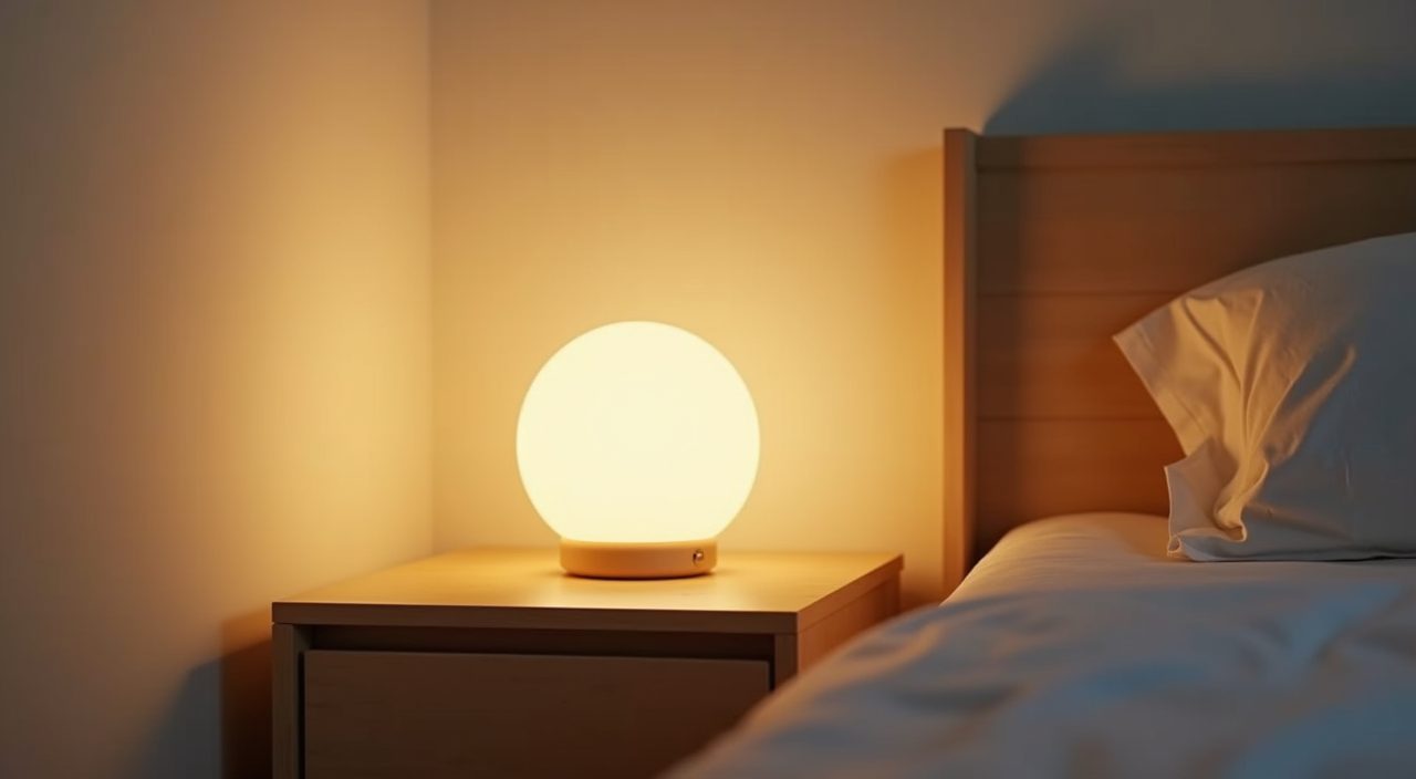 Close up of a warm white bedside lamp and nightstand for a calm bedtime mood in an HDB kids room